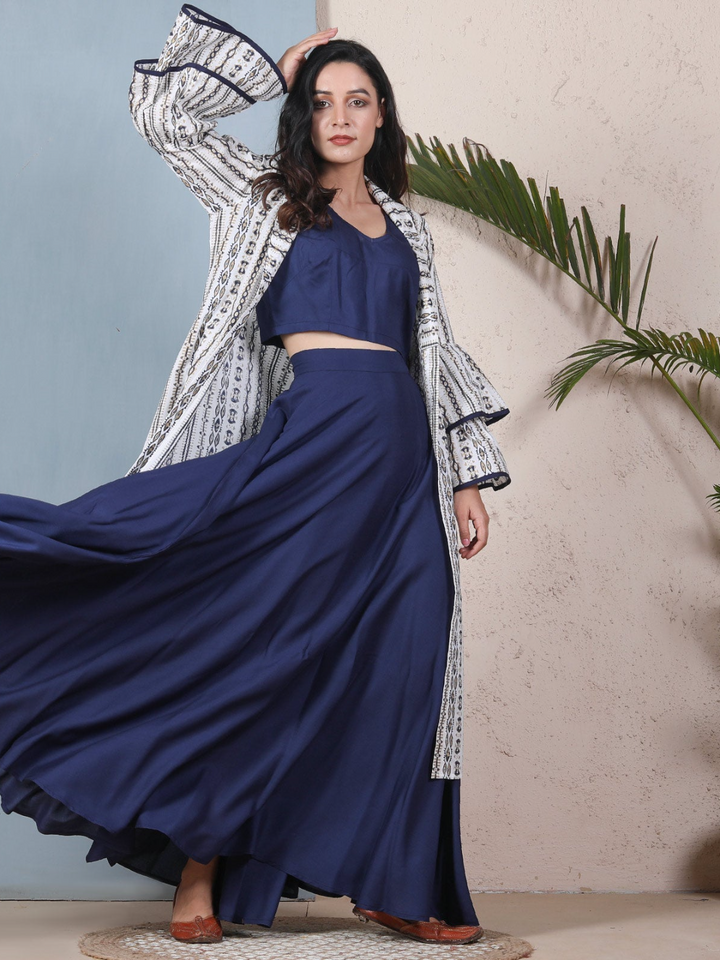 Blue Top Skirt Set With Bell Sleeves Shrug