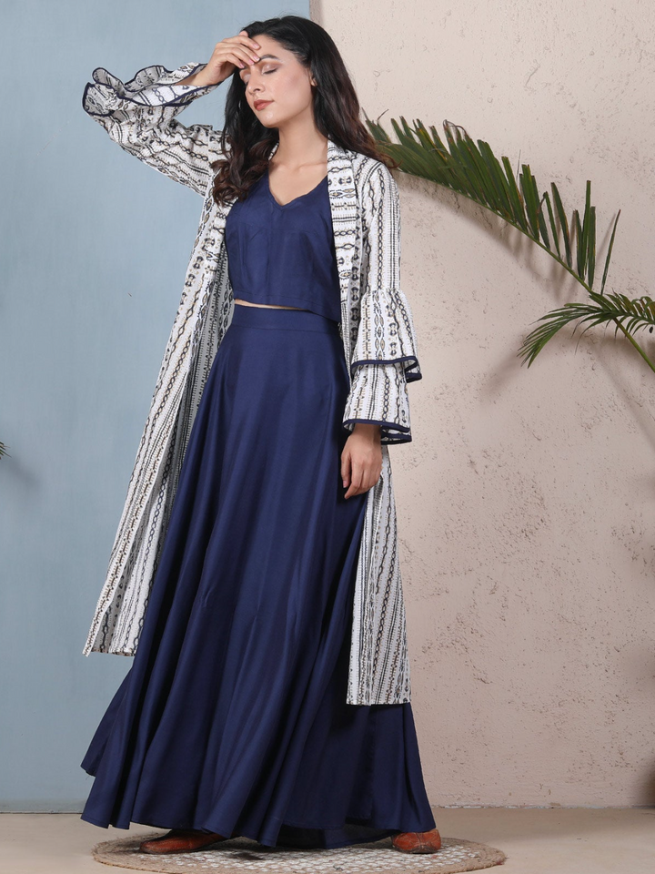 Blue Top Skirt Set With Bell Sleeves Shrug