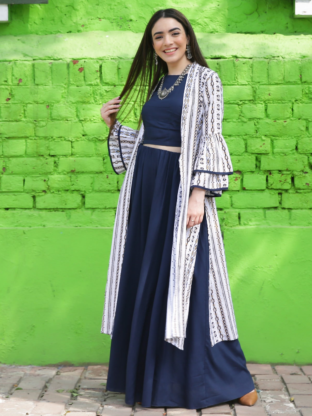 Blue Top Skirt Set With Bell Sleeves Shrug