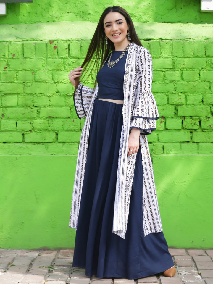 Blue Top Skirt Set With Bell Sleeves Shrug