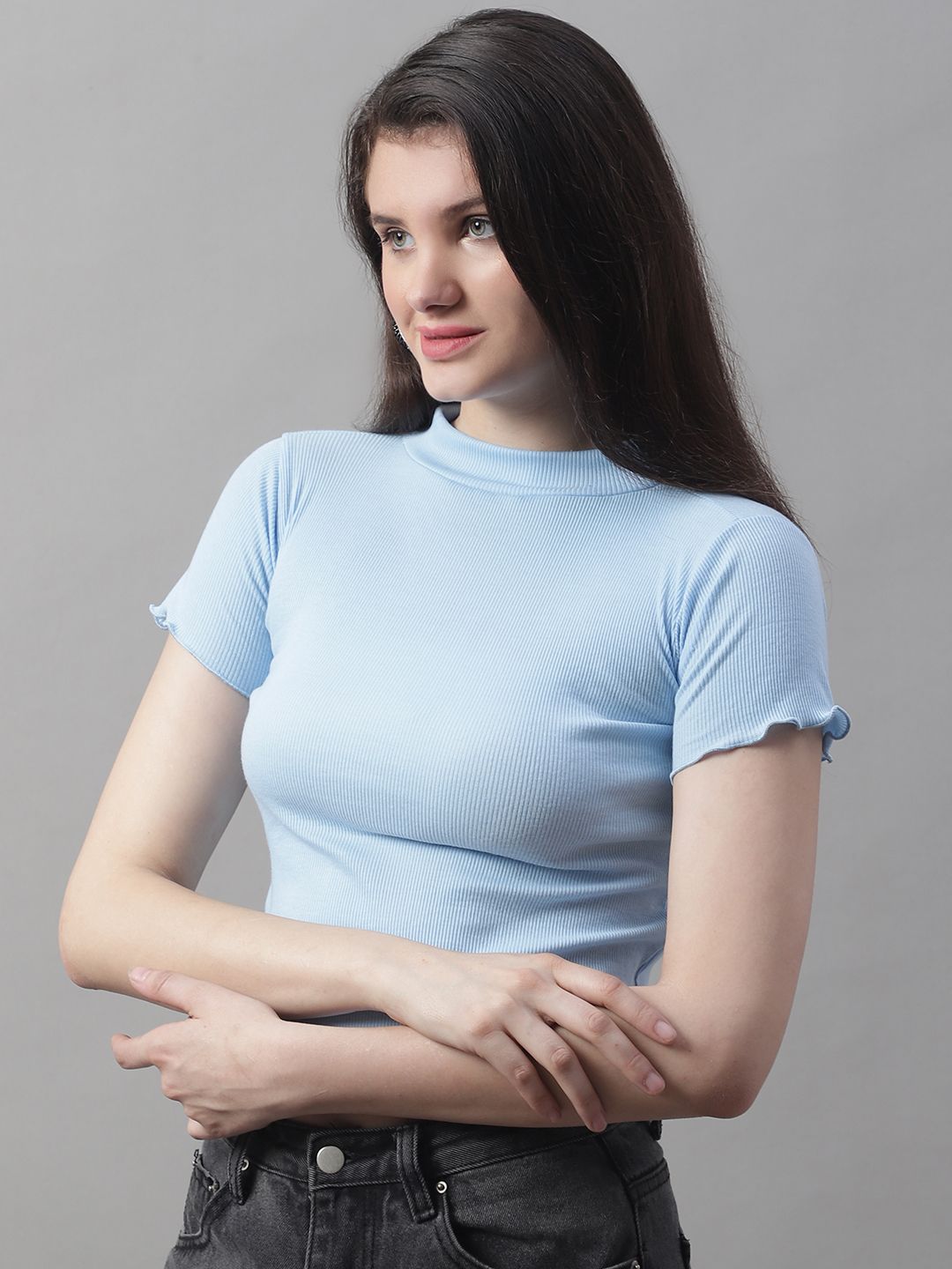 Blue Turtle-Neck Crop Top with Lettuce Edge