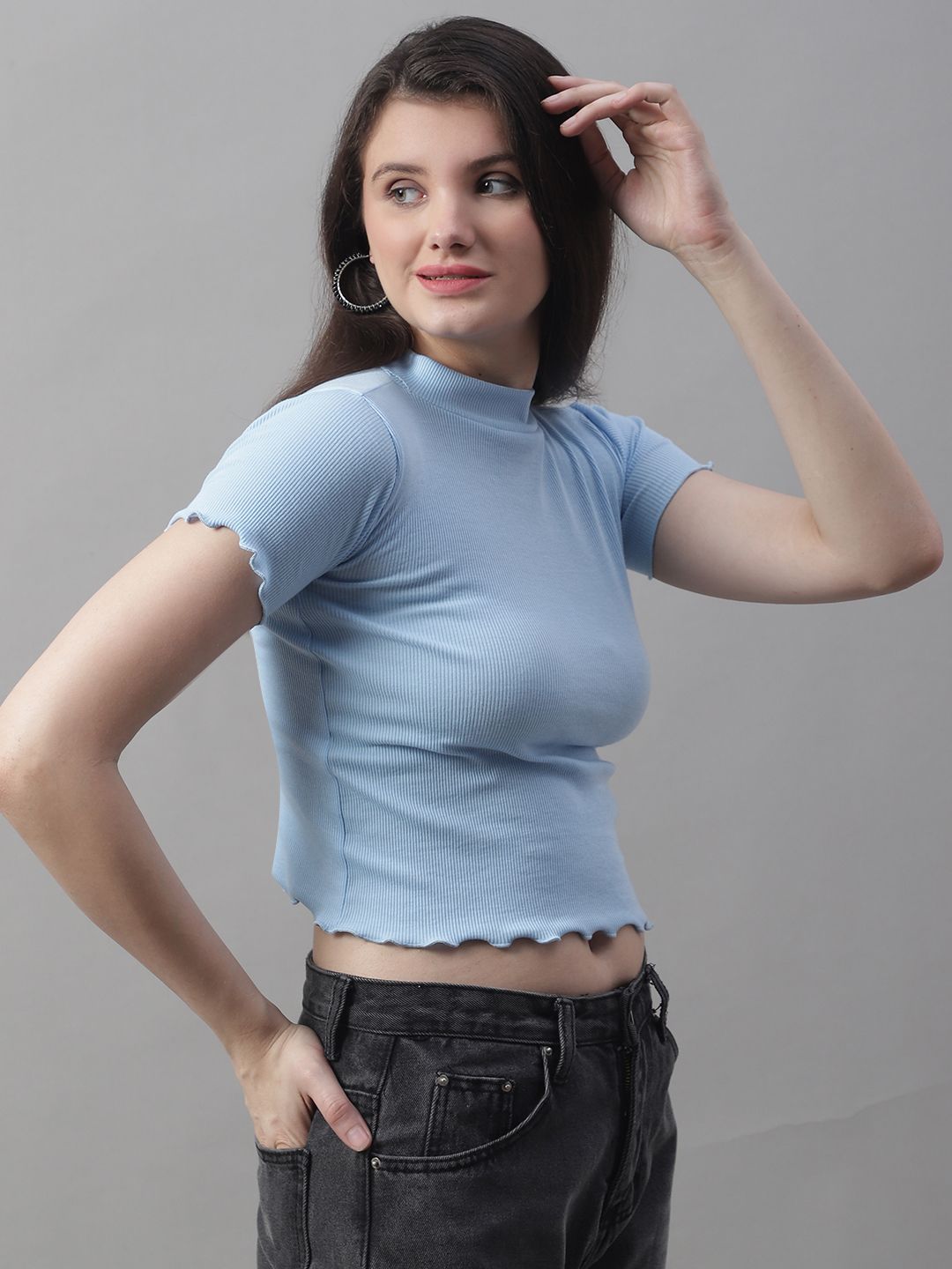 Blue Turtle-Neck Crop Top with Lettuce Edge