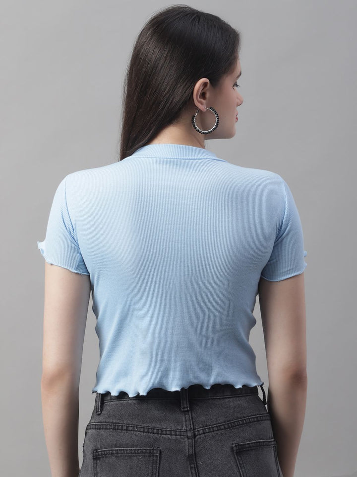 Blue Turtle-Neck Crop Top with Lettuce Edge