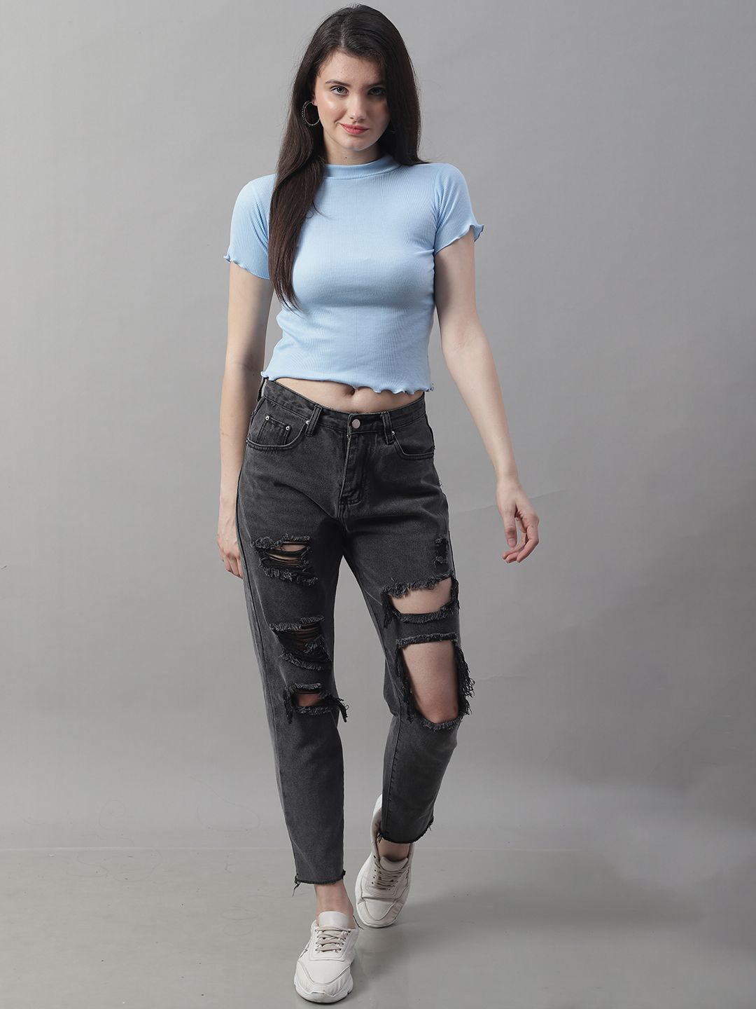 Blue Turtle-Neck Crop Top with Lettuce Edge