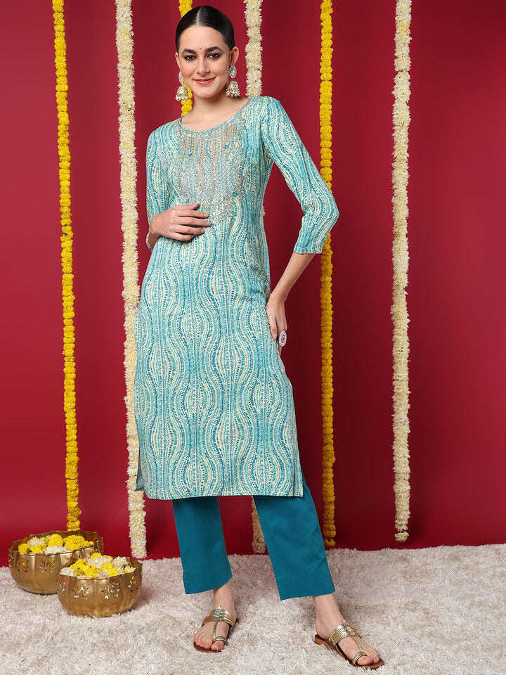 ZERESOUQ-Blue-Viscose-Rayon-Abstract-Printed-Straight-Kurta