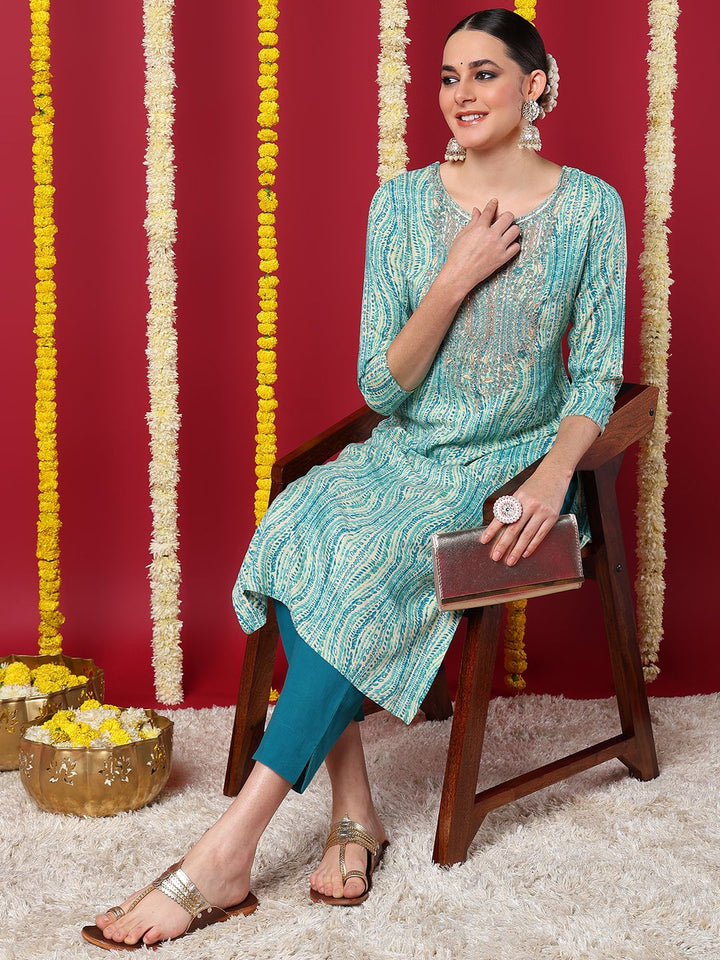 Blue Viscose Rayon Abstract Printed Straight Kurta