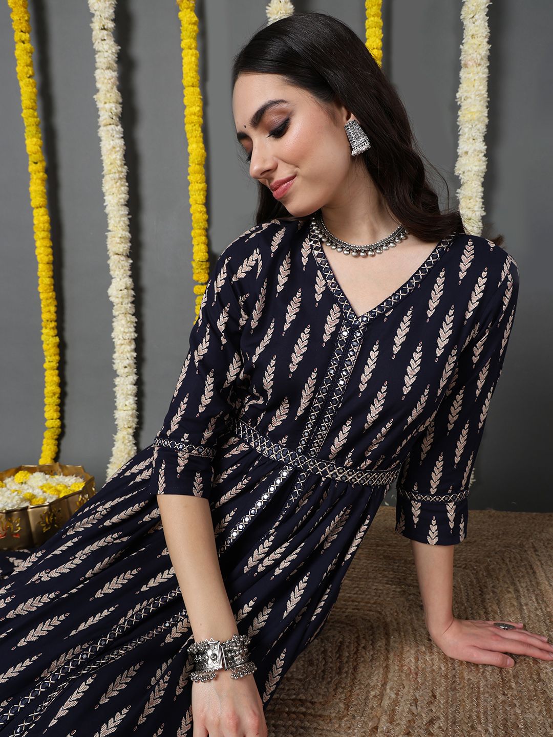 ZERESOUQ-Blue-Viscose-Rayon-Ethnic-Motifs-Printed-A-Line-Kurta