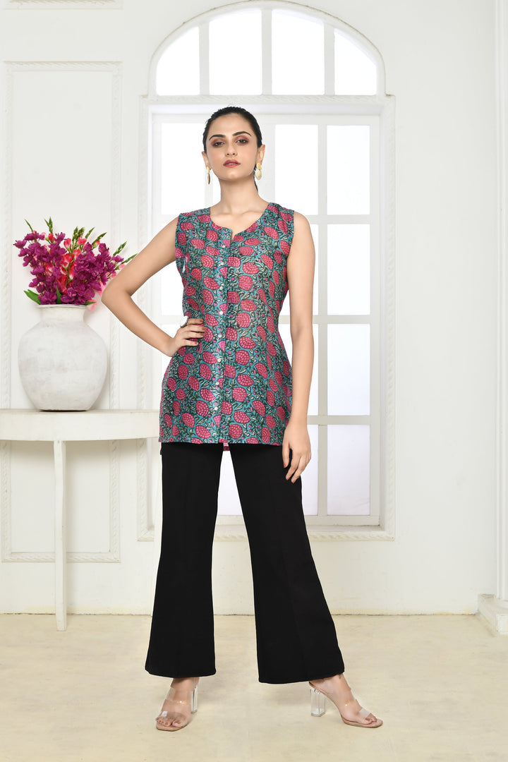 Blue & Dark Pink Chanderi Silk Sleeveless Tunic Top