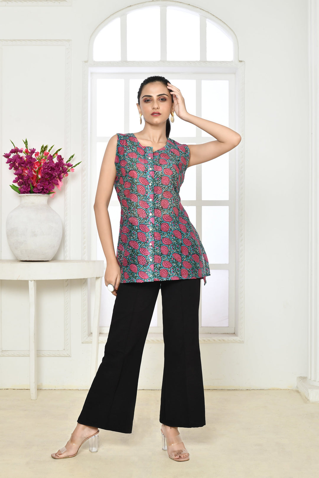 Blue & Dark Pink Chanderi Silk Sleeveless Tunic Top