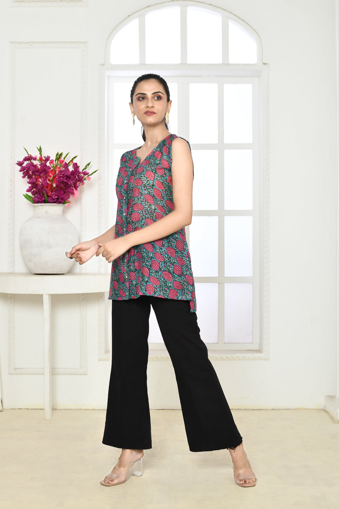 Blue & Dark Pink Chanderi Silk Sleeveless Tunic Top