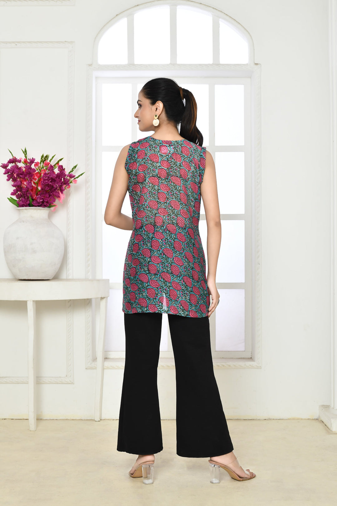 Blue & Dark Pink Chanderi Silk Sleeveless Tunic Top