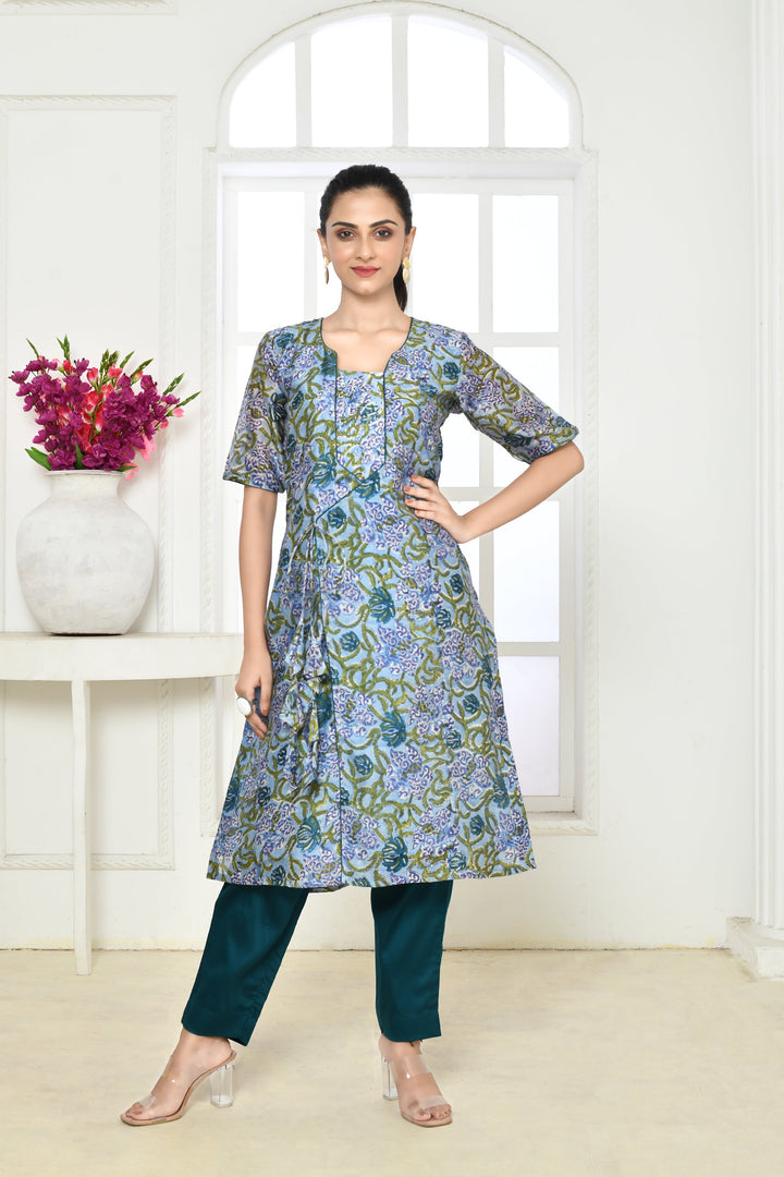 ZERESOUQ-Blue-&-Green-Chanderi-Handblock-Print-Kurta-&-Pant-Set