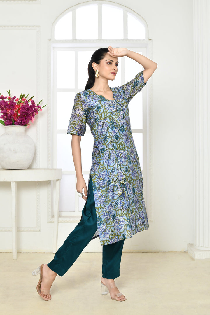 ZERESOUQ-Blue-&-Green-Chanderi-Handblock-Print-Kurta-&-Pant-Set