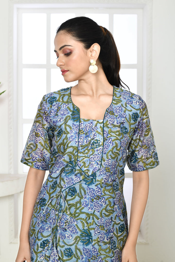 ZERESOUQ-Blue-&-Green-Chanderi-Handblock-Print-Kurta-&-Pant-Set