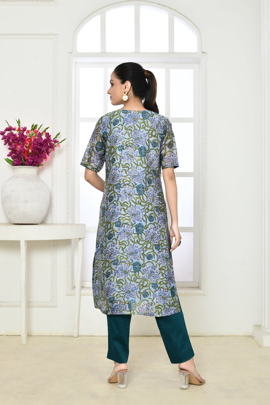 Blue & Green Chanderi Handblock Print Kurta & Pant Set