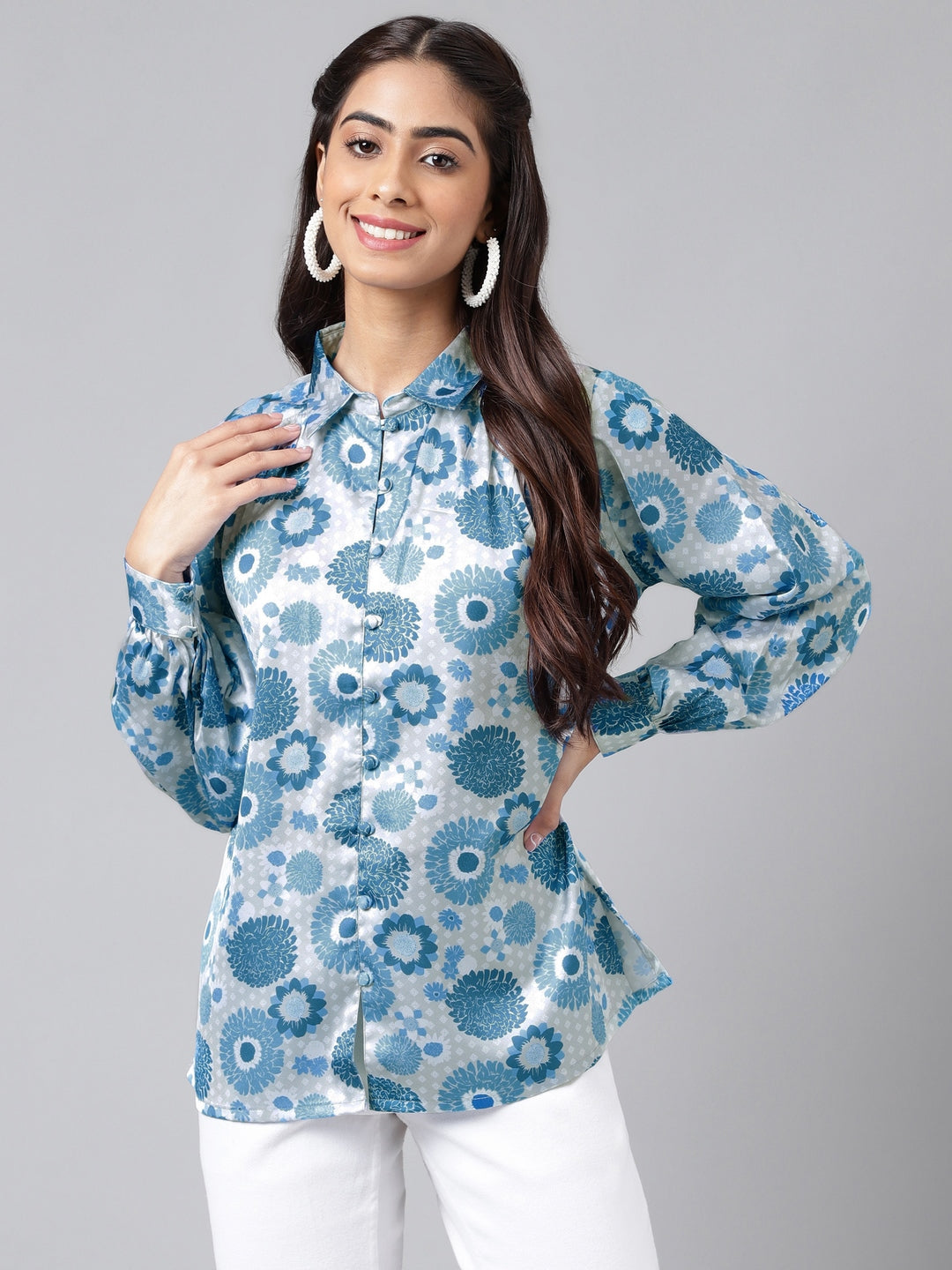 Blue & Grey Satin Floral Printed Casual Shirt
