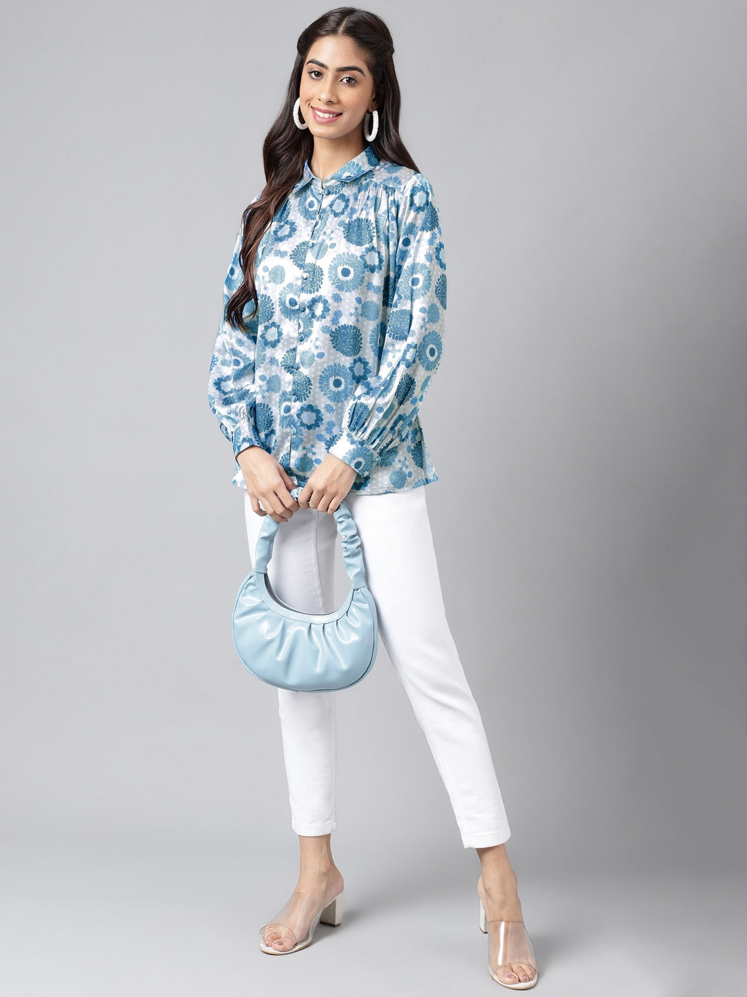 Blue & Grey Satin Floral Printed Casual Shirt