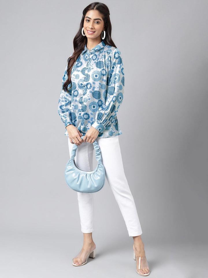 ZERESOUQ-Blue-&-Grey-Satin-Floral-Printed-Casual-Shirt