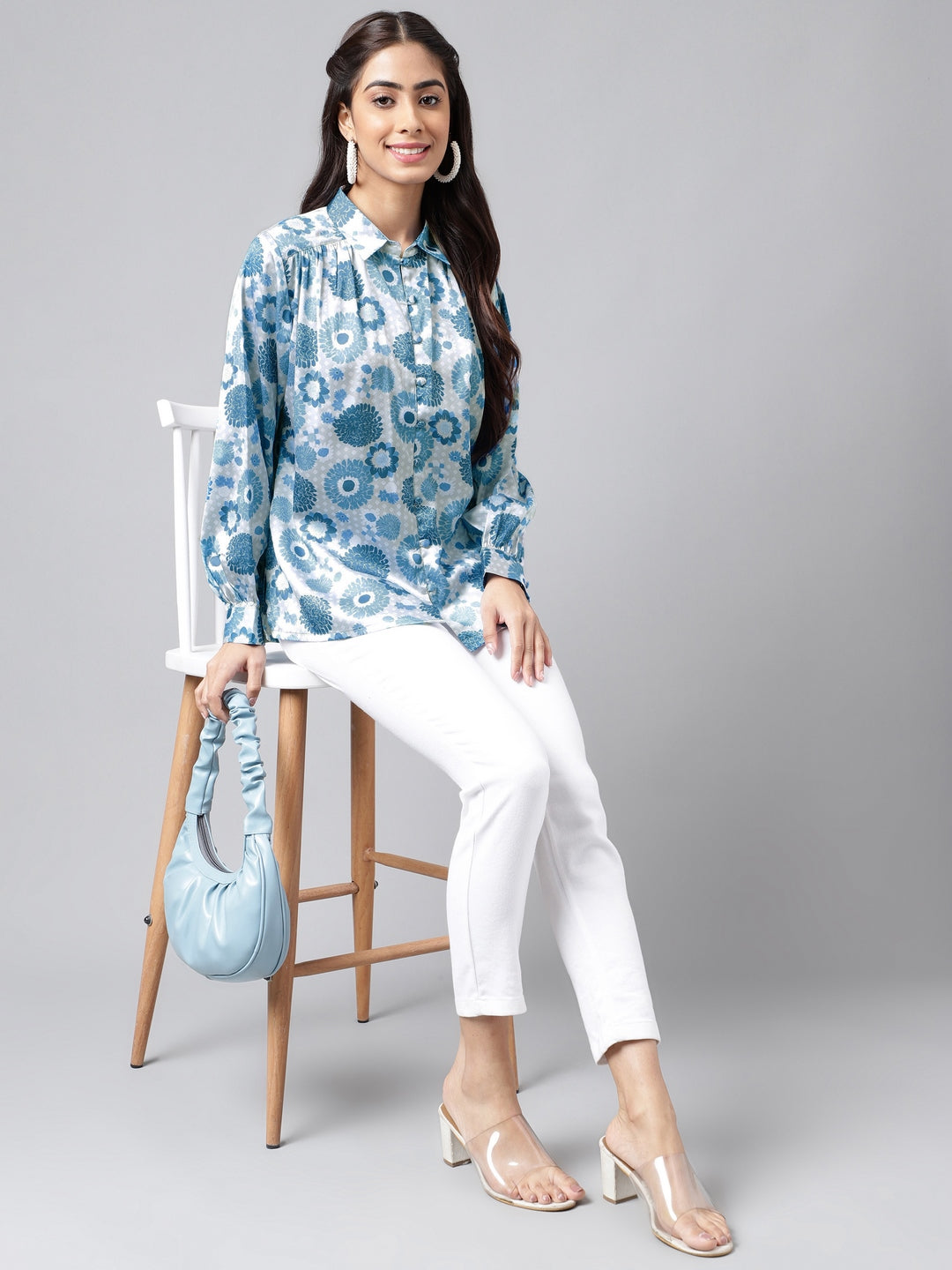 Blue & Grey Satin Floral Printed Casual Shirt