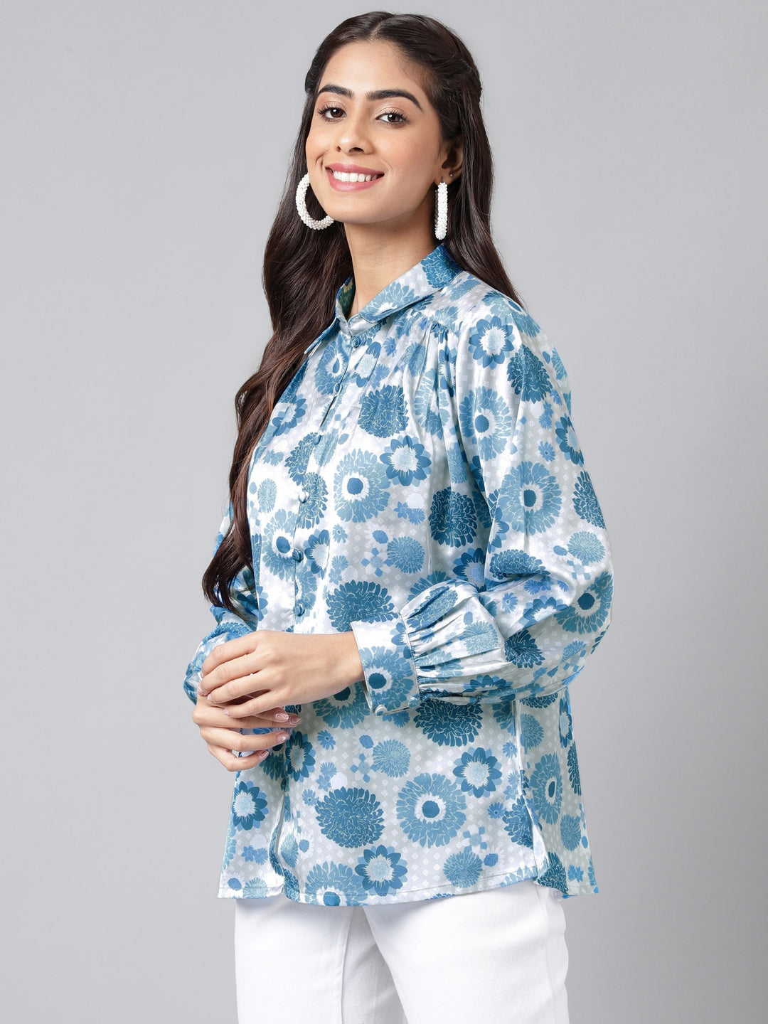 Blue & Grey Satin Floral Printed Casual Shirt