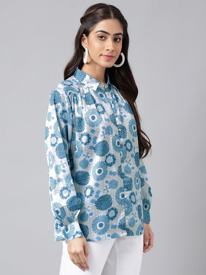 Blue & Grey Satin Floral Printed Casual Shirt