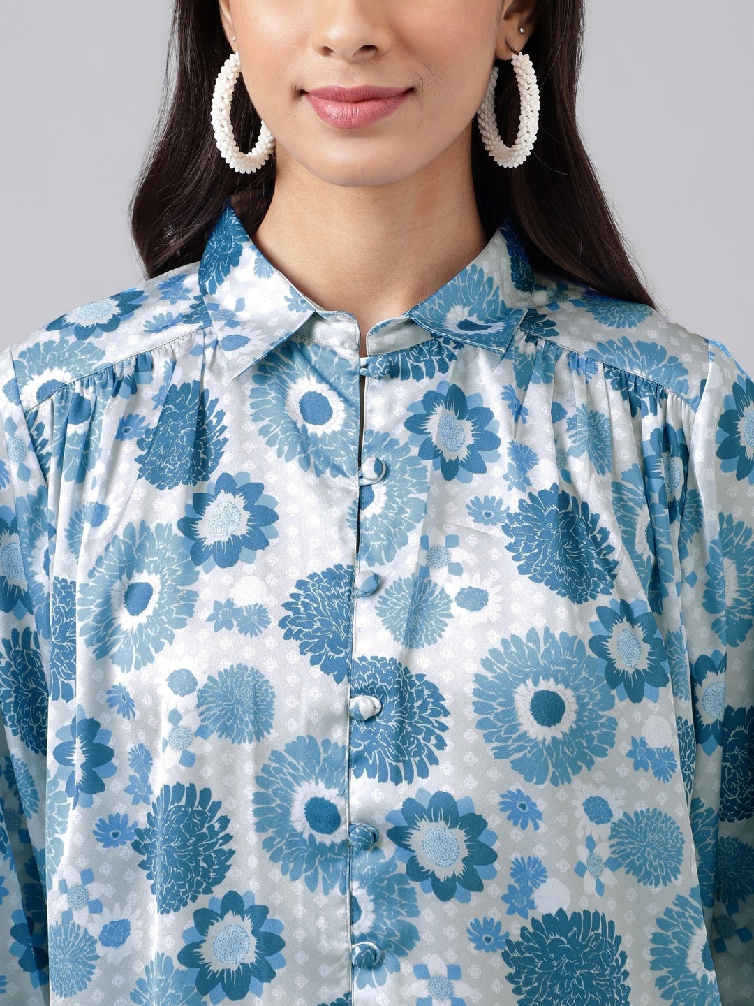 Blue & Grey Satin Floral Printed Casual Shirt