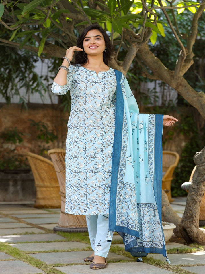 Blue & Offwhite Printed Kurta Set & Dupatta