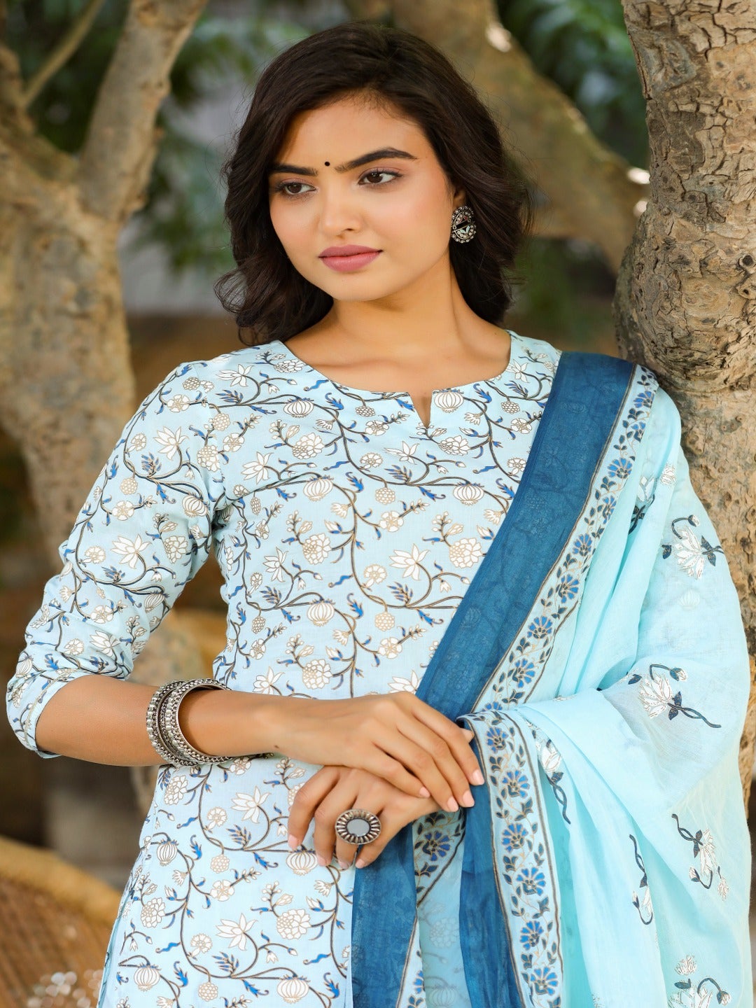 Blue & Offwhite Printed Kurta Set & Dupatta