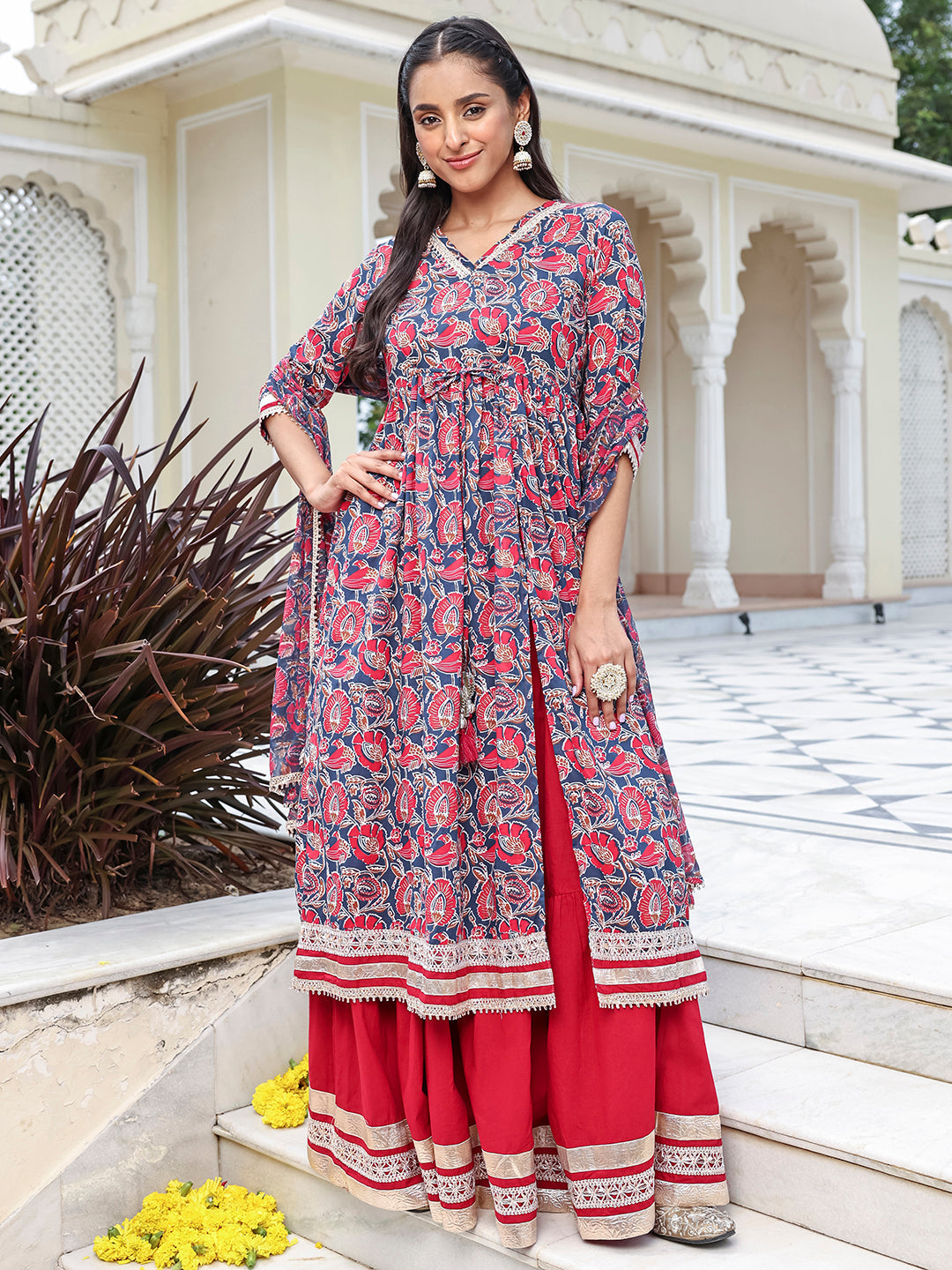 ZERESOUQ-Blue-&-Red-Cotton-Multicolor-Floral-Print-3-Piece-Kurta-Set