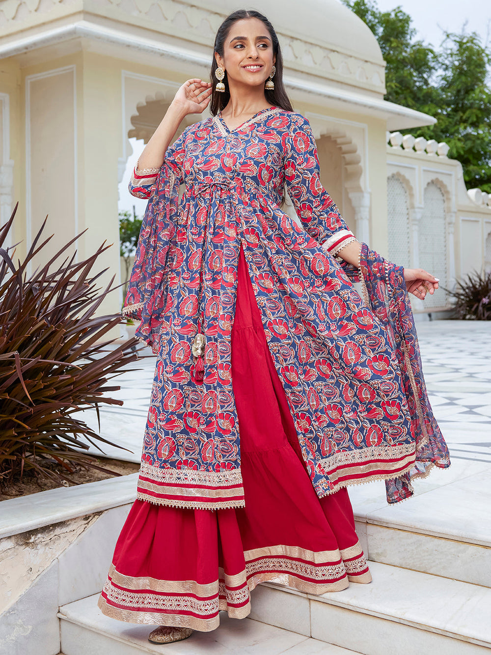 ZERESOUQ-Blue-&-Red-Cotton-Multicolor-Floral-Print-3-Piece-Kurta-Set