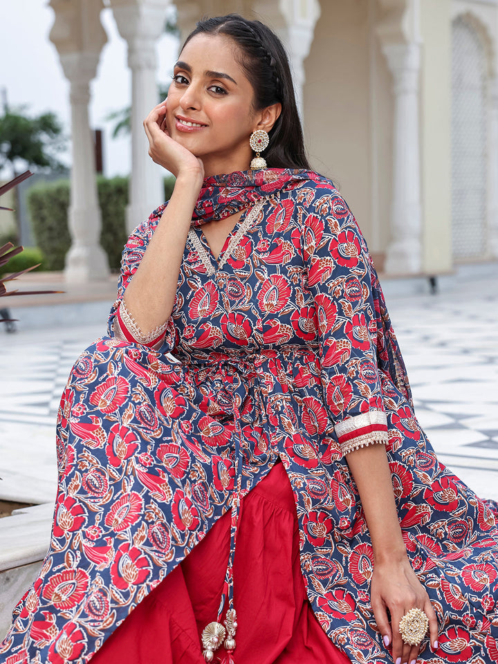 ZERESOUQ-Blue-&-Red-Cotton-Multicolor-Floral-Print-3-Piece-Kurta-Set