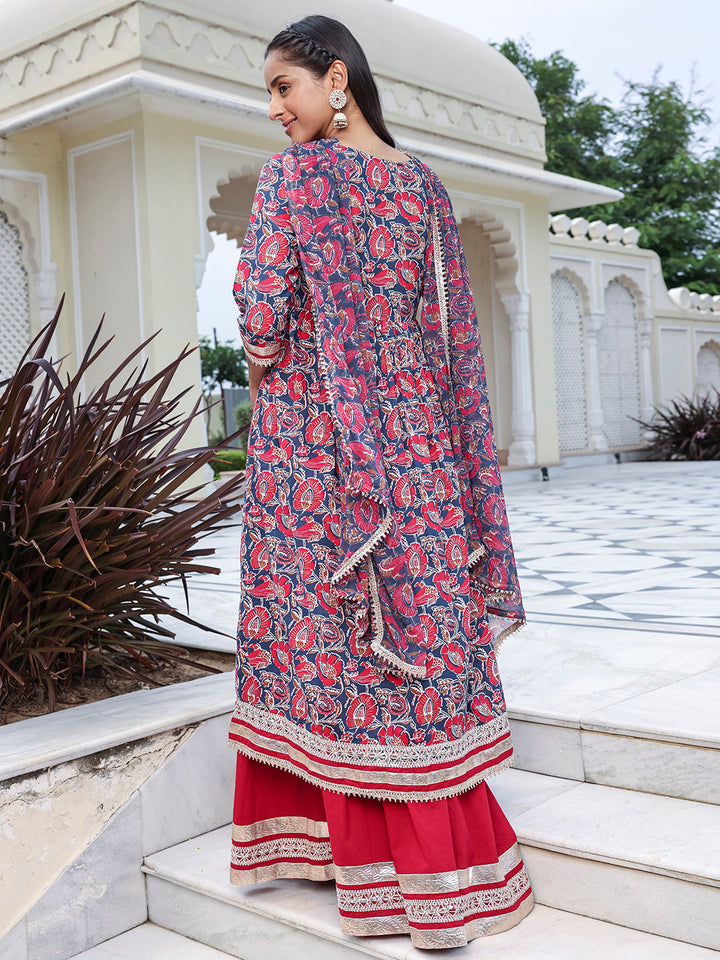 ZERESOUQ-Blue-&-Red-Cotton-Multicolor-Floral-Print-3-Piece-Kurta-Set