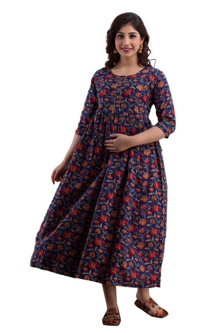 Blue-&-Red-Floral-Cotton-Maternity-Dress
