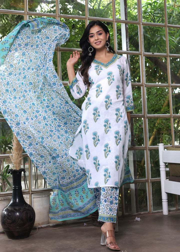 Blue & White Cotton Hand Block Print Kurta Set