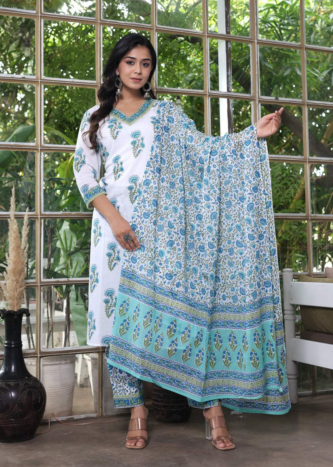 Blue & White Cotton Hand Block Print Kurta Set