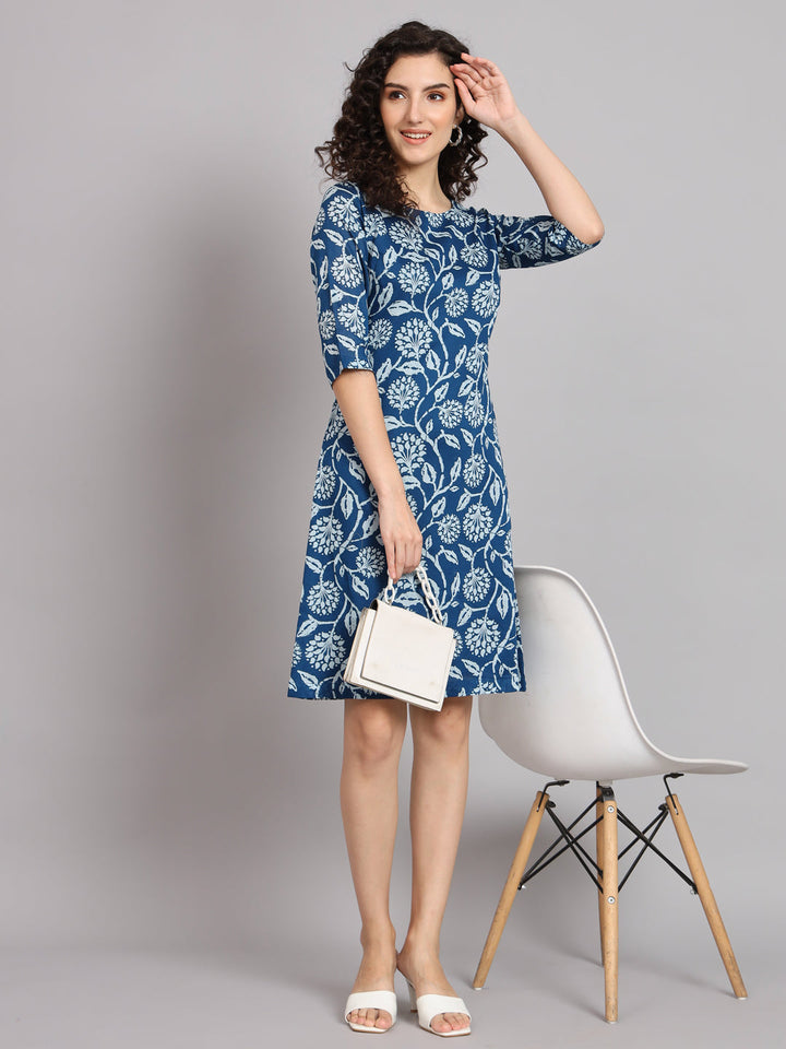 Blue & white Cotton A-Line Printed Dress