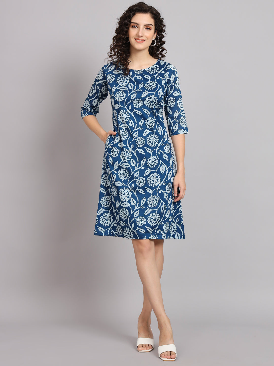 Blue & white Cotton A-Line Printed Dress