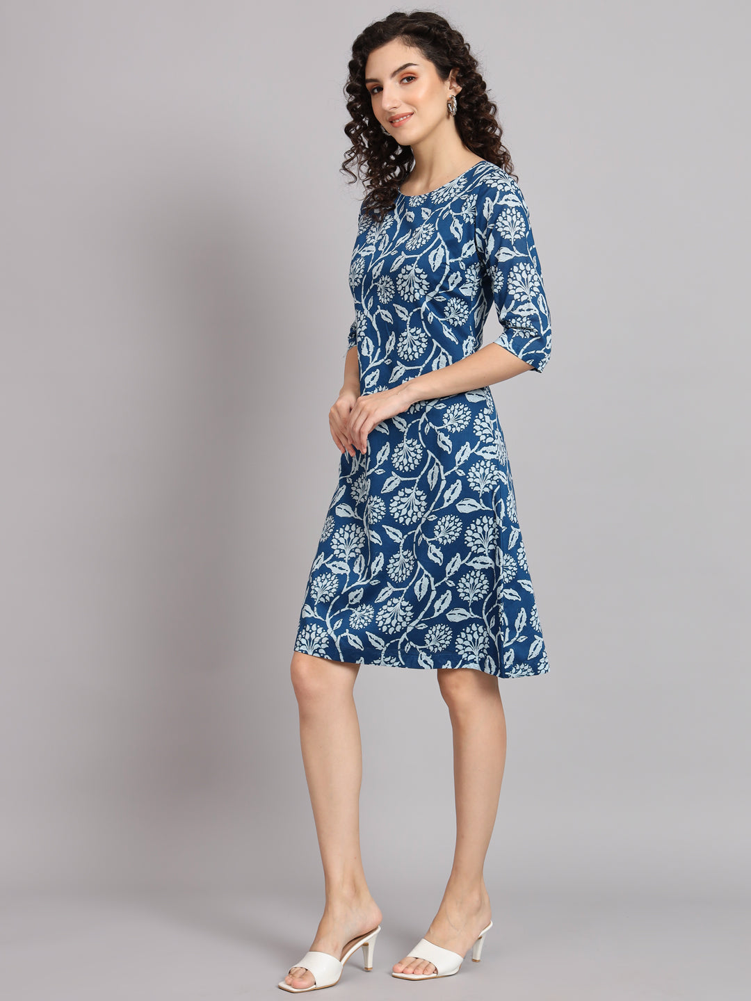 Blue & white Cotton A-Line Printed Dress