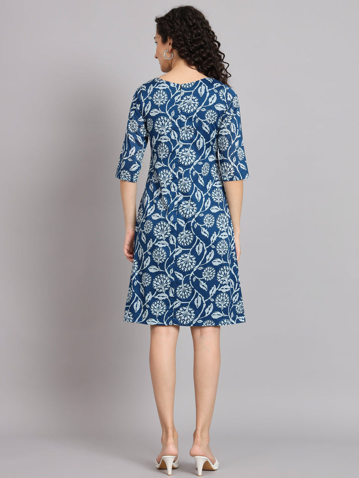 Blue & white Cotton A-Line Printed Dress