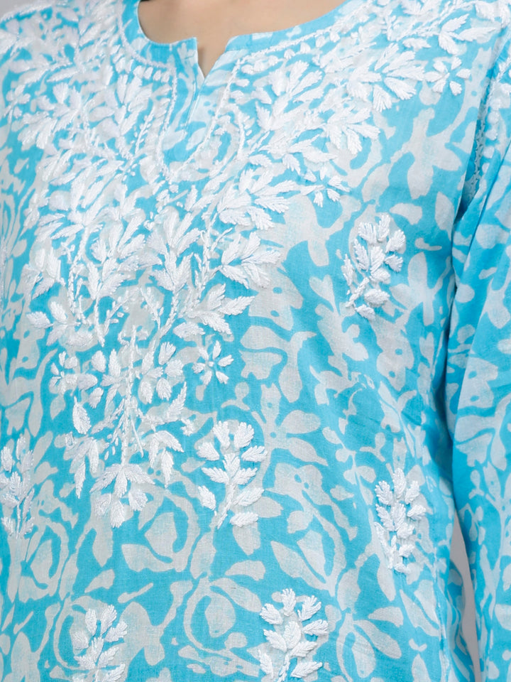 Blue Cotton Embroidered Lucknowi Chikankari Short Tunic