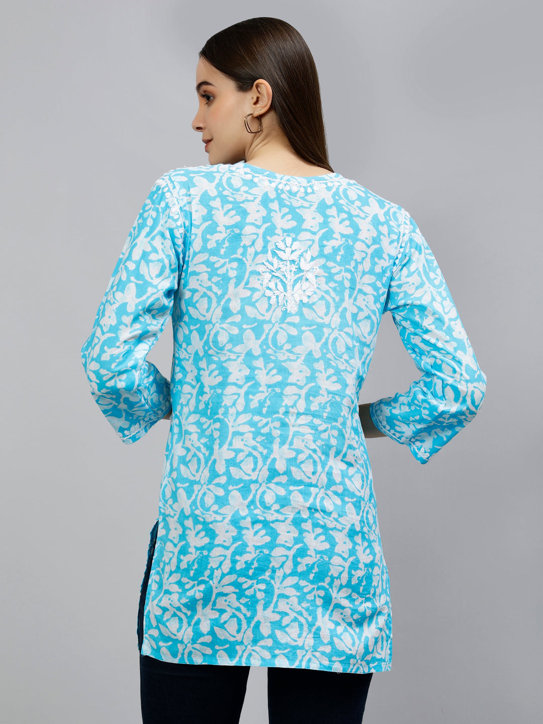 Blue Cotton Embroidered Lucknowi Chikankari Short Tunic