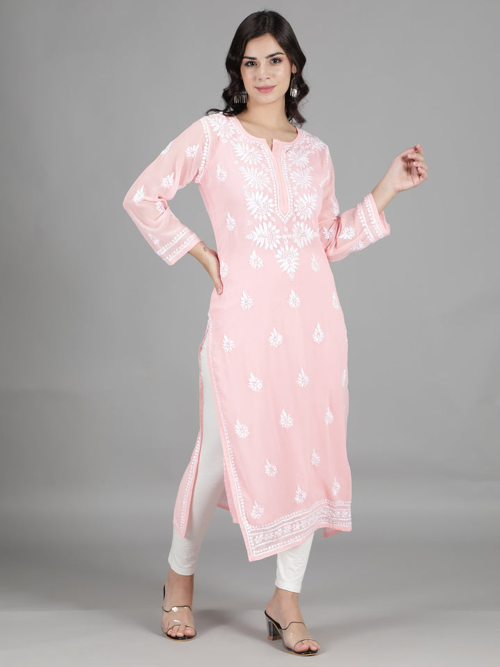 Blush Pink Georgette Chikan Kurta with Slip