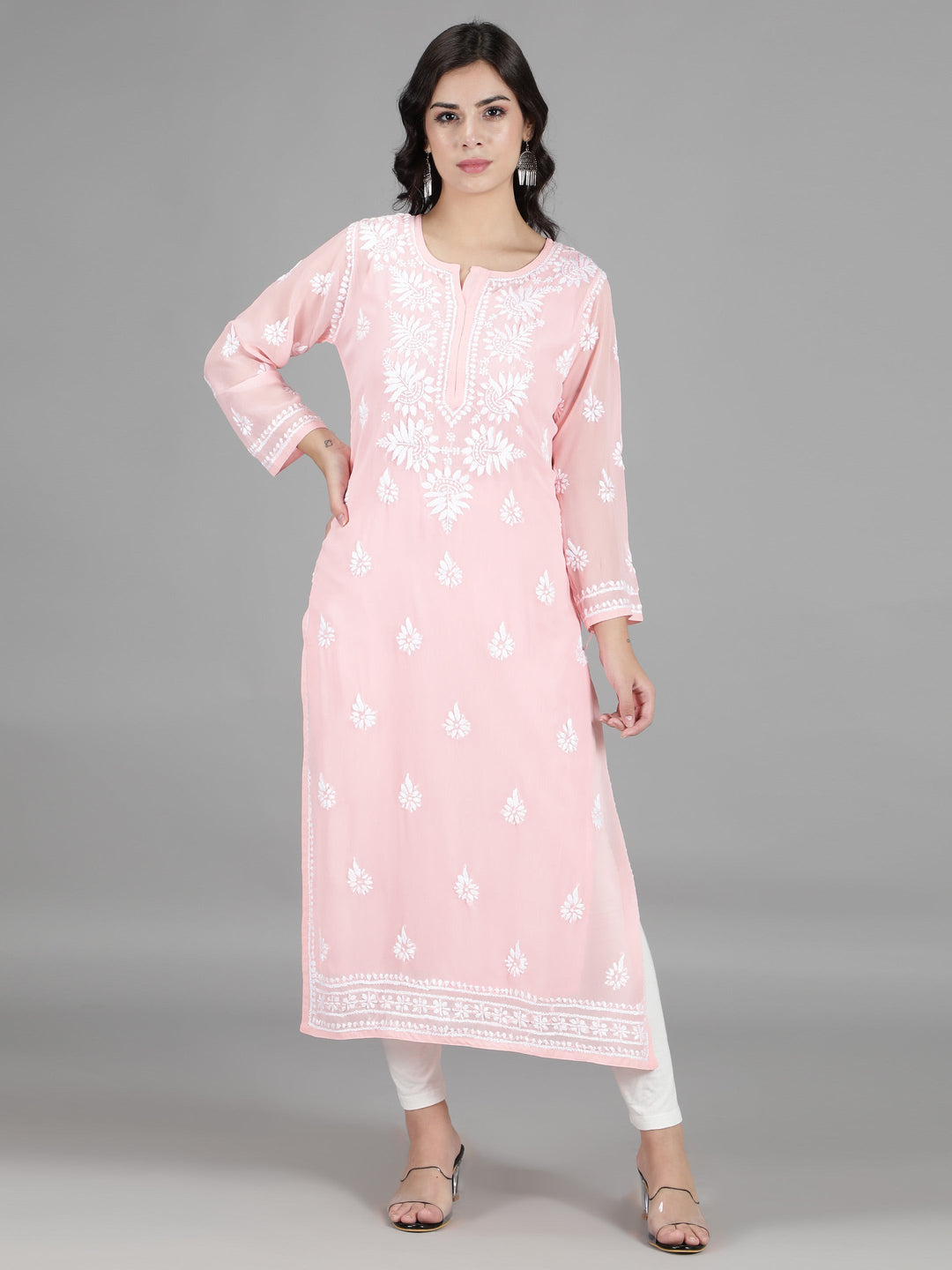 Blush Pink Georgette Chikan Kurta with Slip