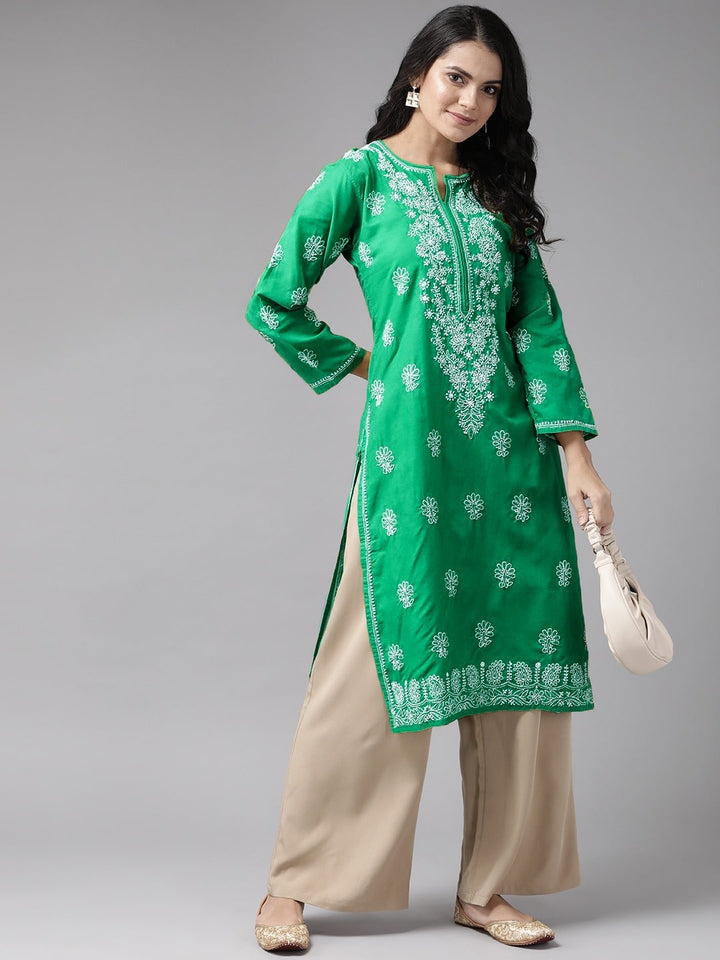 Bottle Green Cotton Artisan Embroidered Chikankari Kurta