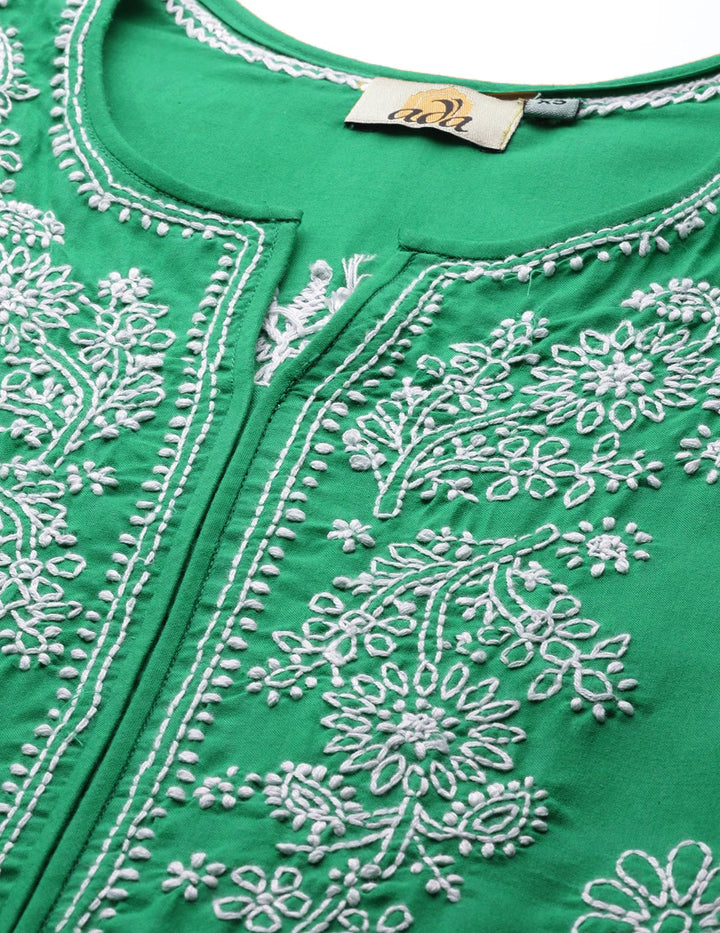 Bottle Green Cotton Artisan Embroidered Chikankari Kurta