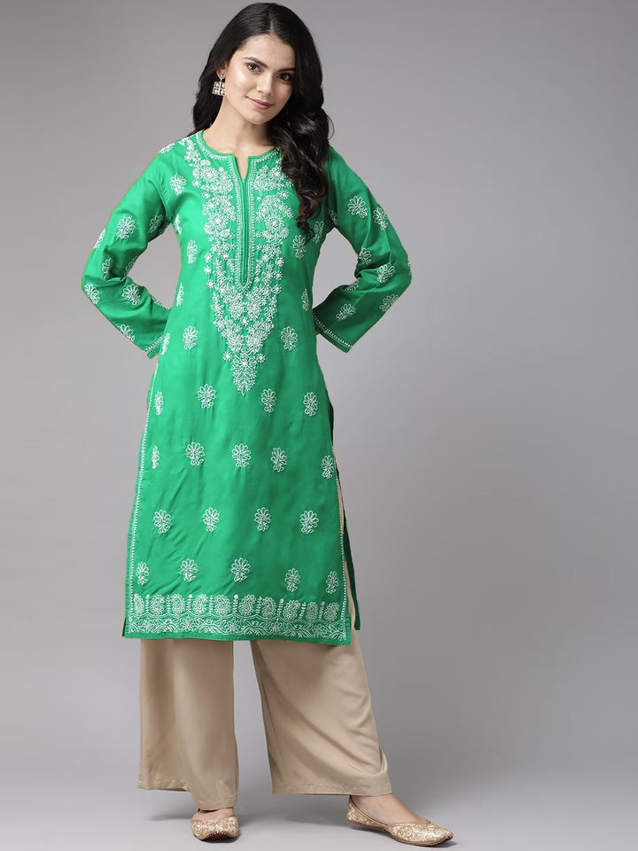 Bottle Green Cotton Artisan Embroidered Chikankari Kurta