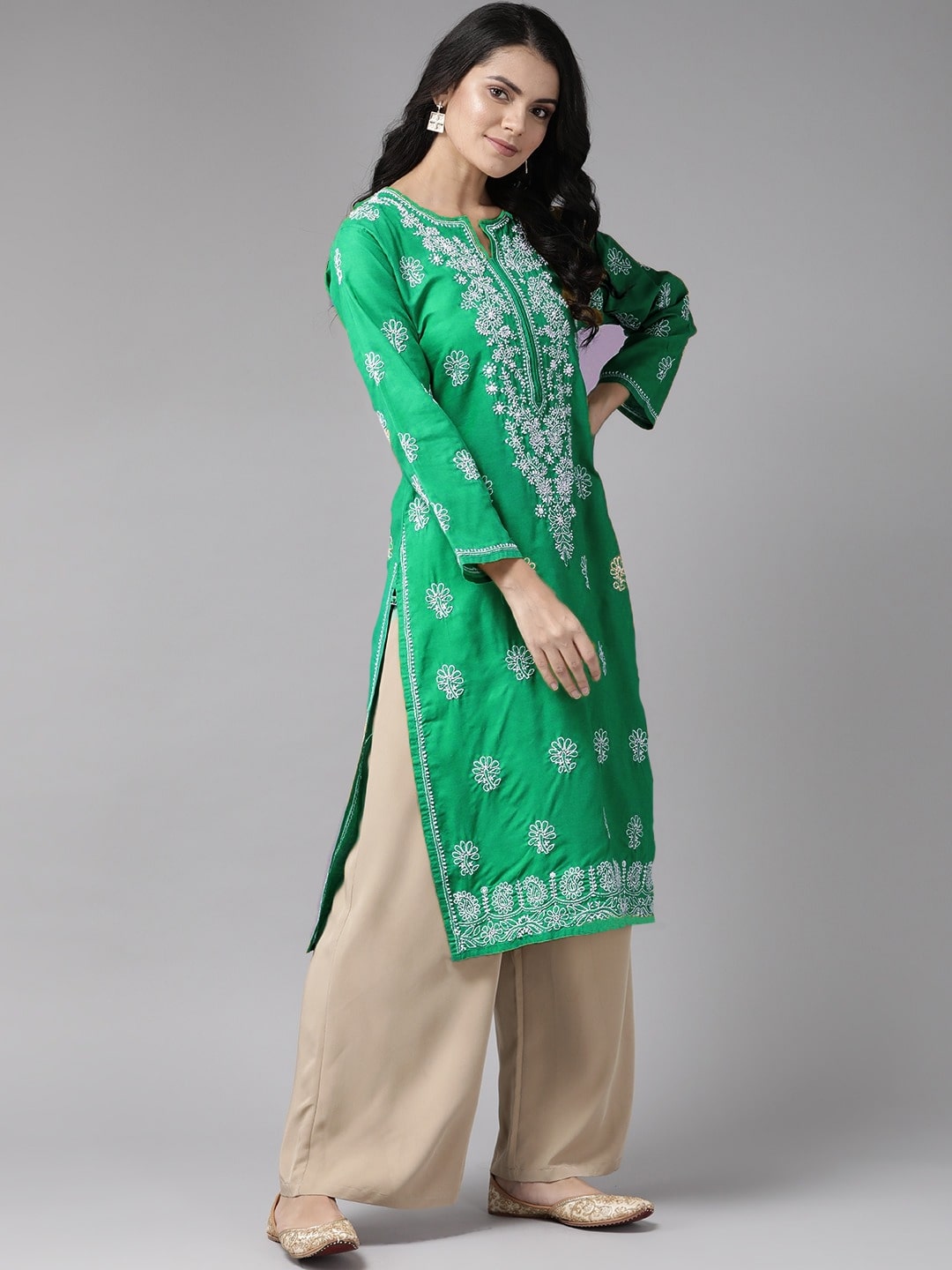 Bottle Green Cotton Artisan Embroidered Chikankari Kurta