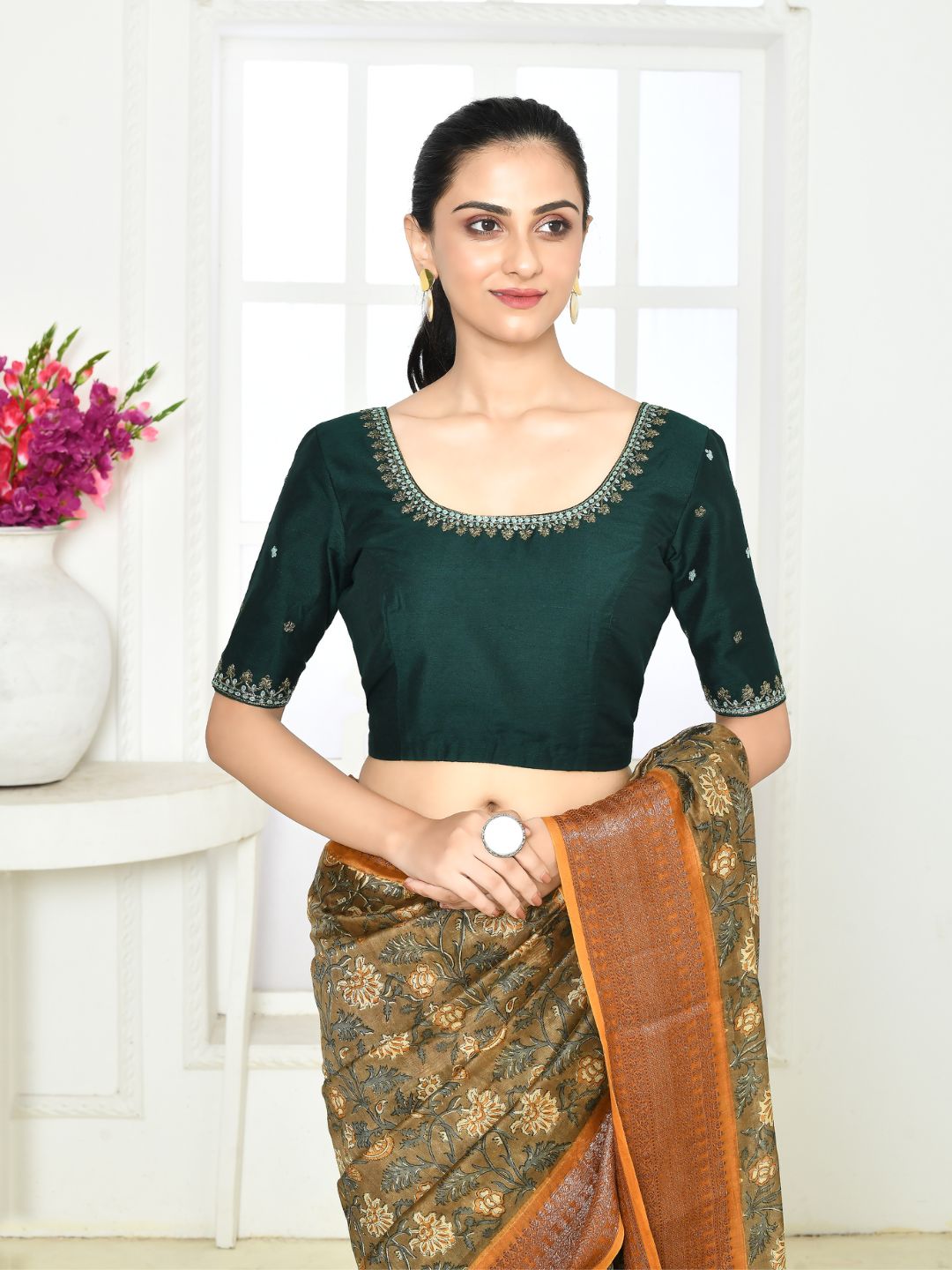 Bottle Green Elbow Length Embroidered Blouse