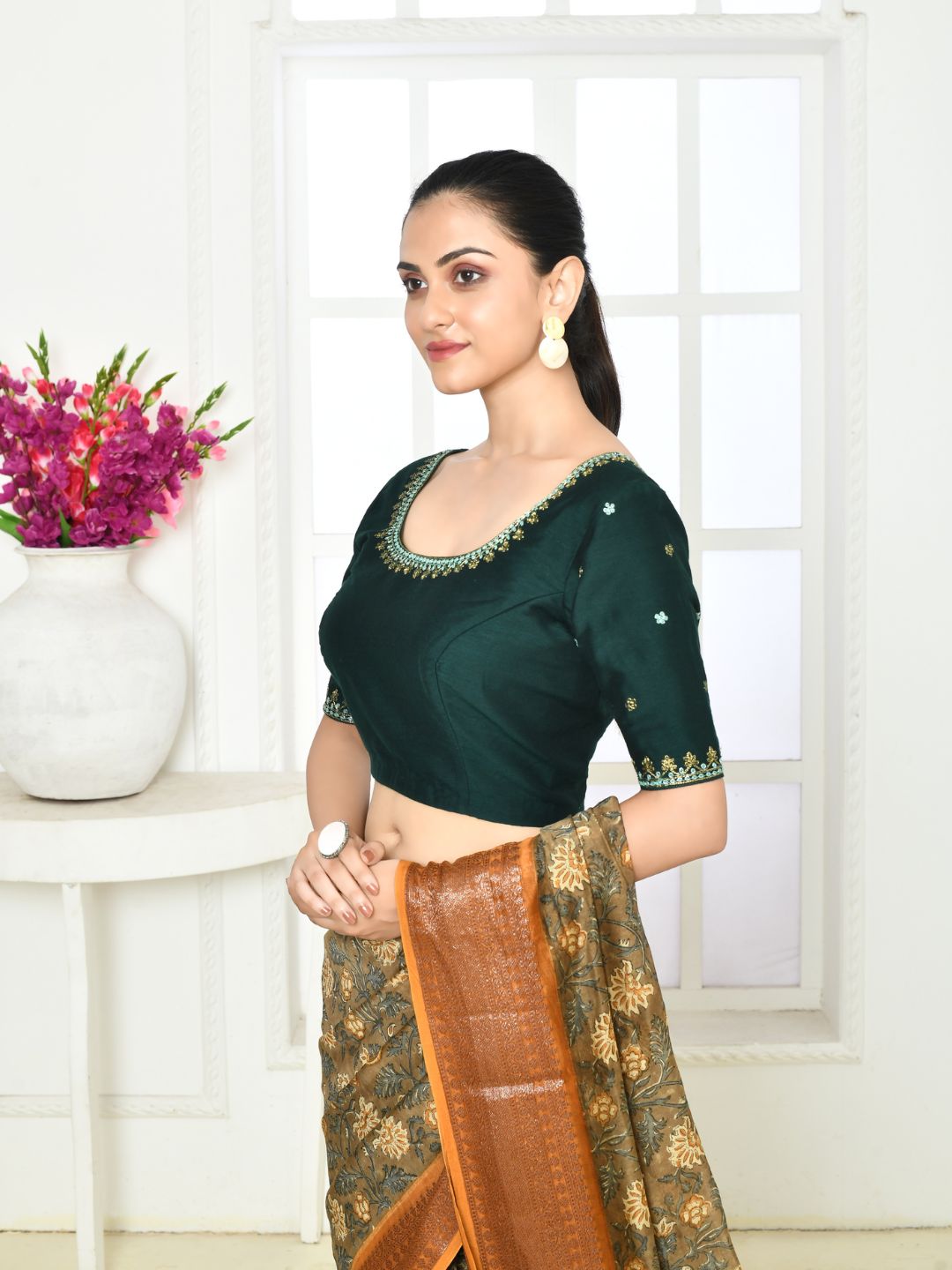 Bottle Green Elbow Length Embroidered Blouse