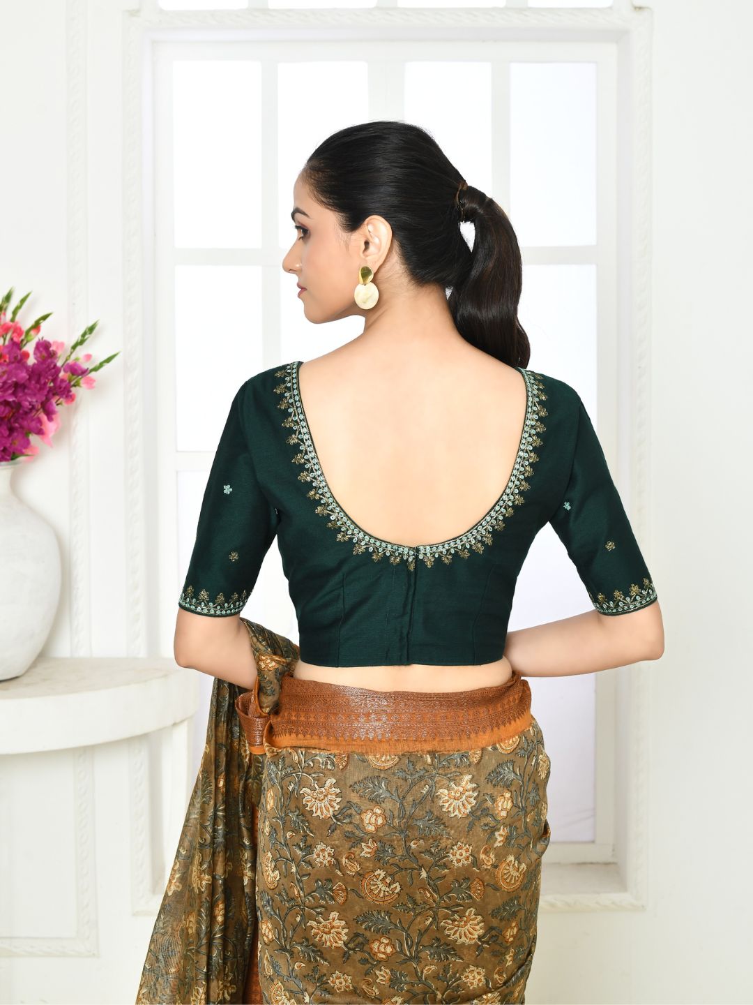 Bottle Green Elbow Length Embroidered Blouse